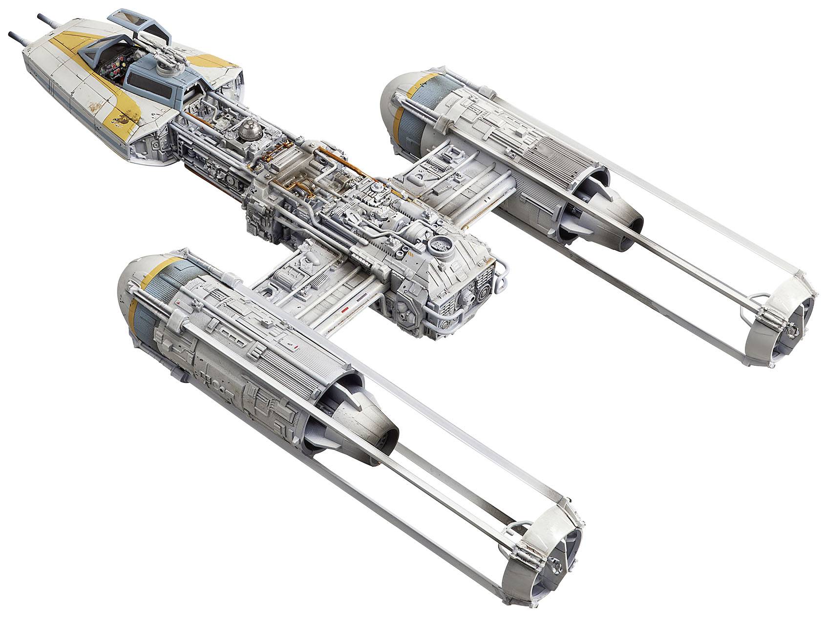 Et rumskib med to lange vinger og kompleks teknisk struktur, kendt fra en science fiction-franchise.