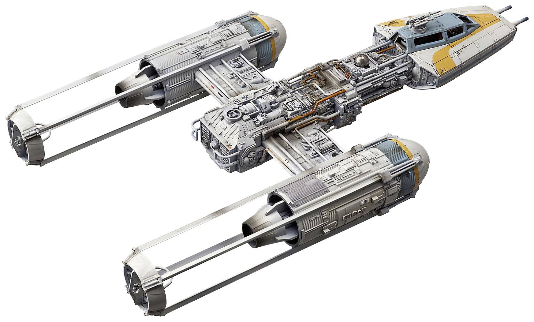 Et rumskib med to lange vinger og et centralt cockpit, gråt med orange nuancer, viser komplekse mekaniske detaljer.