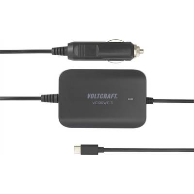 Oplader Voltcraft VC100WC-3 med biloplader og USB-C-kabel.