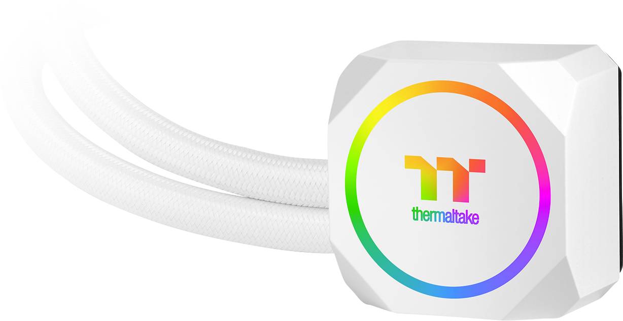 Hvid CPU-vandkøler med RGB-belysning og mærkelogo, forbundet med to slanger.