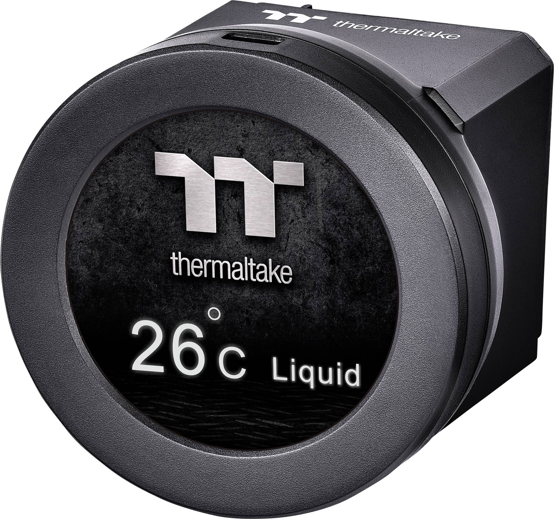 Et rundt digitalt termometer fra Thermaltake viser '26°C væske', som måler den aktuelle temperatur for en væske.