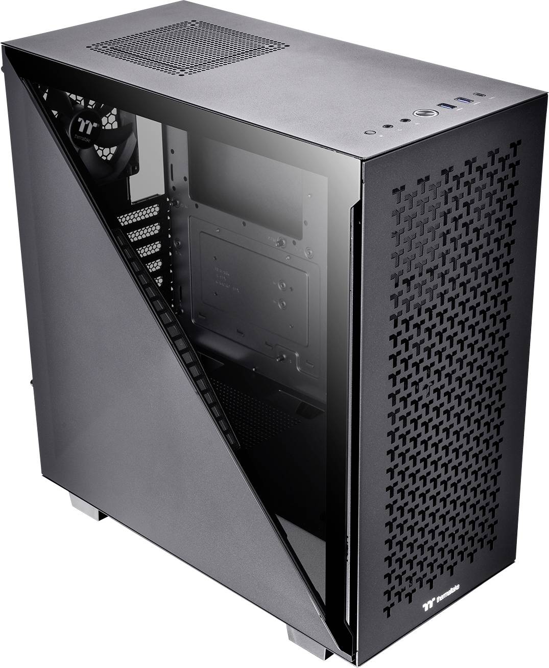 PC-kabinet med transparent sidevindue, sort metalkarosseri, ventilator synlig indvendigt, moderne minimalistisk design.