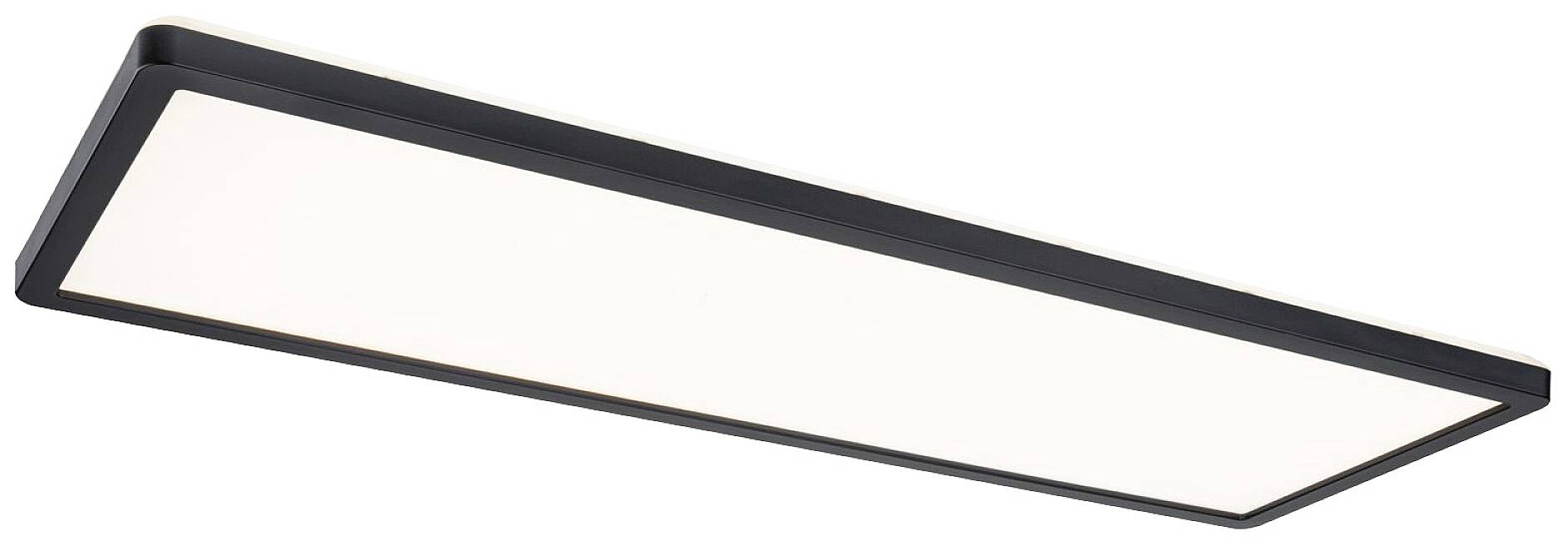 Rektangulær loftslampe med sort ramme og hvid lysoverflade, moderne og enkelt i designet.