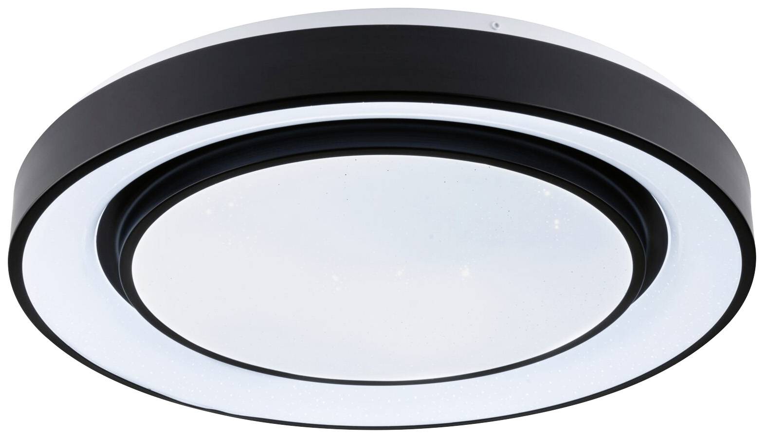 Rund loftlampe med moderne design i sort og hvid. Ideel til belysning af stue- eller arbejdsområder.
