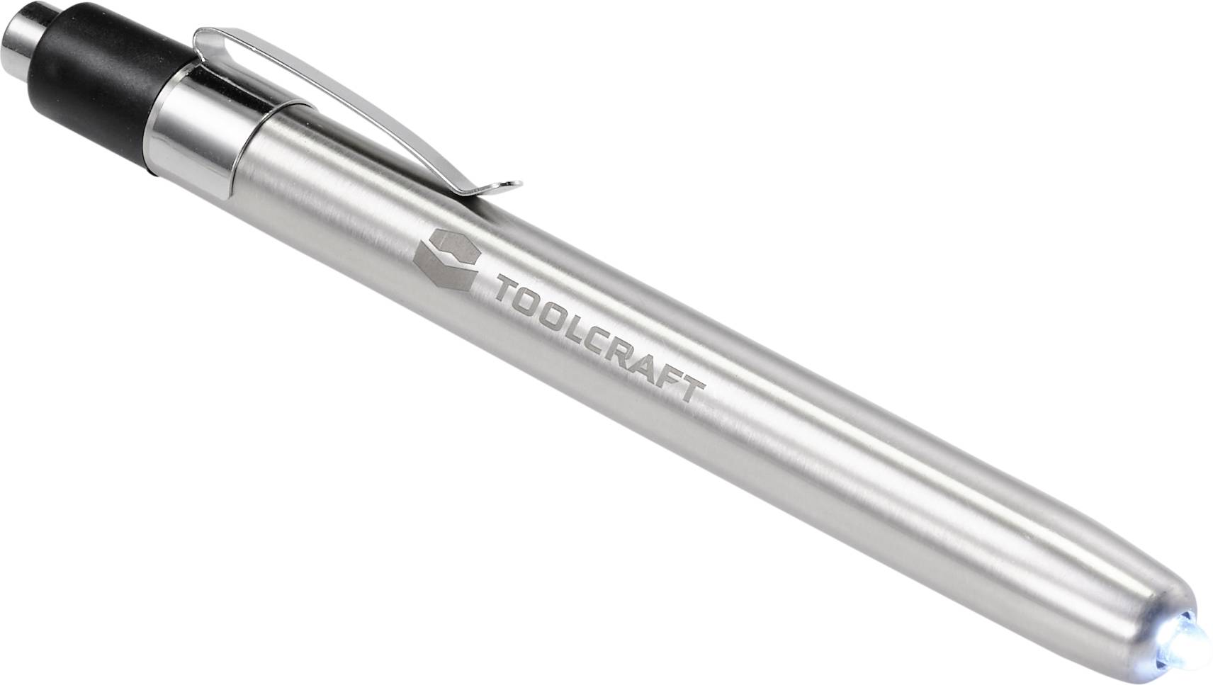 Metalpen med påskriften 'TOOLCRAFT' på siden. Pennen har en clips og en sort knap i den ene ende.
