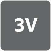Lille rektangulær elektrisk komponent mærket '3V', med tre tilslutninger vist øverst.