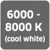 '6000 - 8000 K (køligt hvidt)' med sort skrift på grå baggrund.