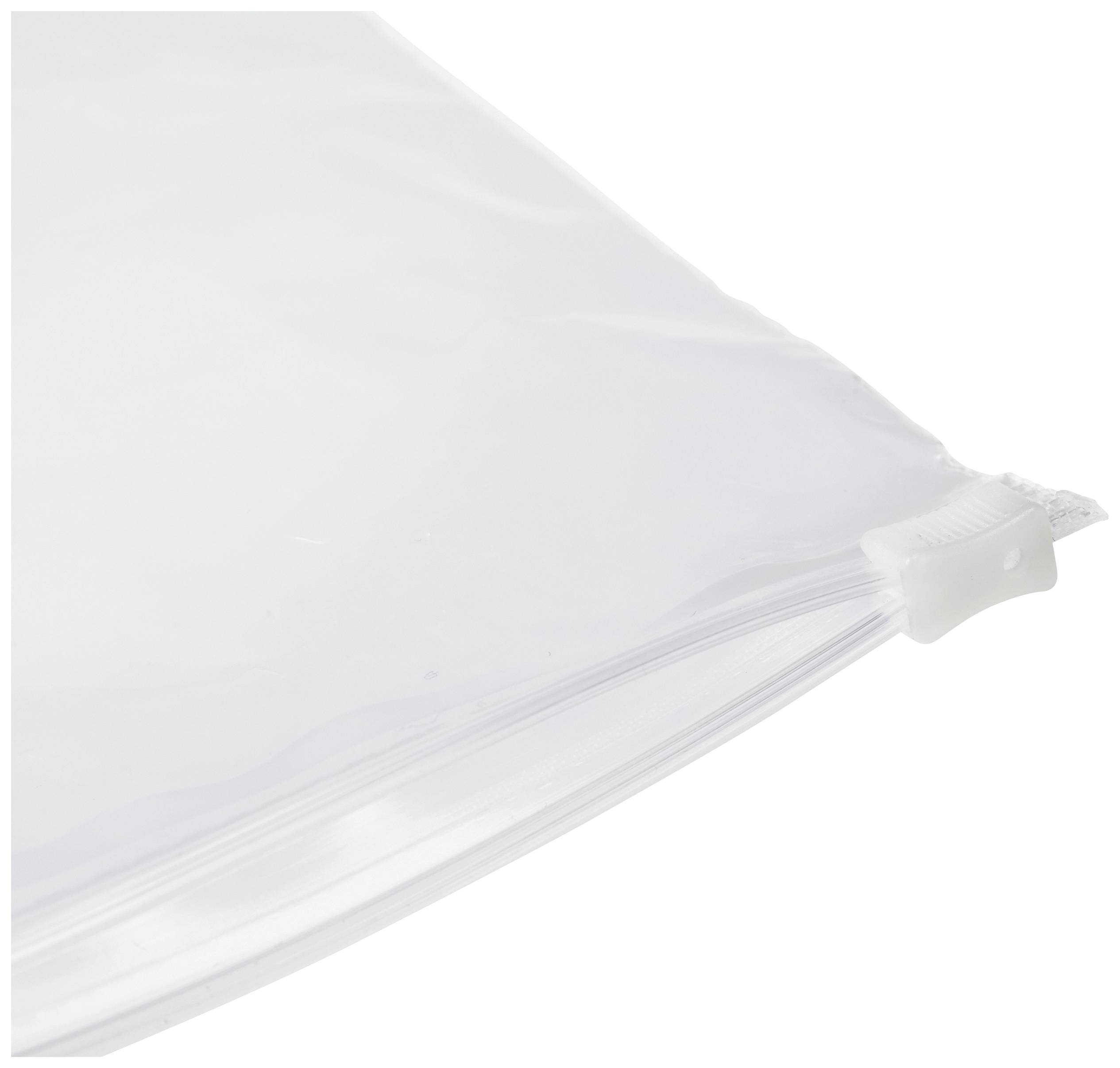 En plastikpose med tryklukning, lukket. Lukkemekanismen er synlig ved poseens højre kant.