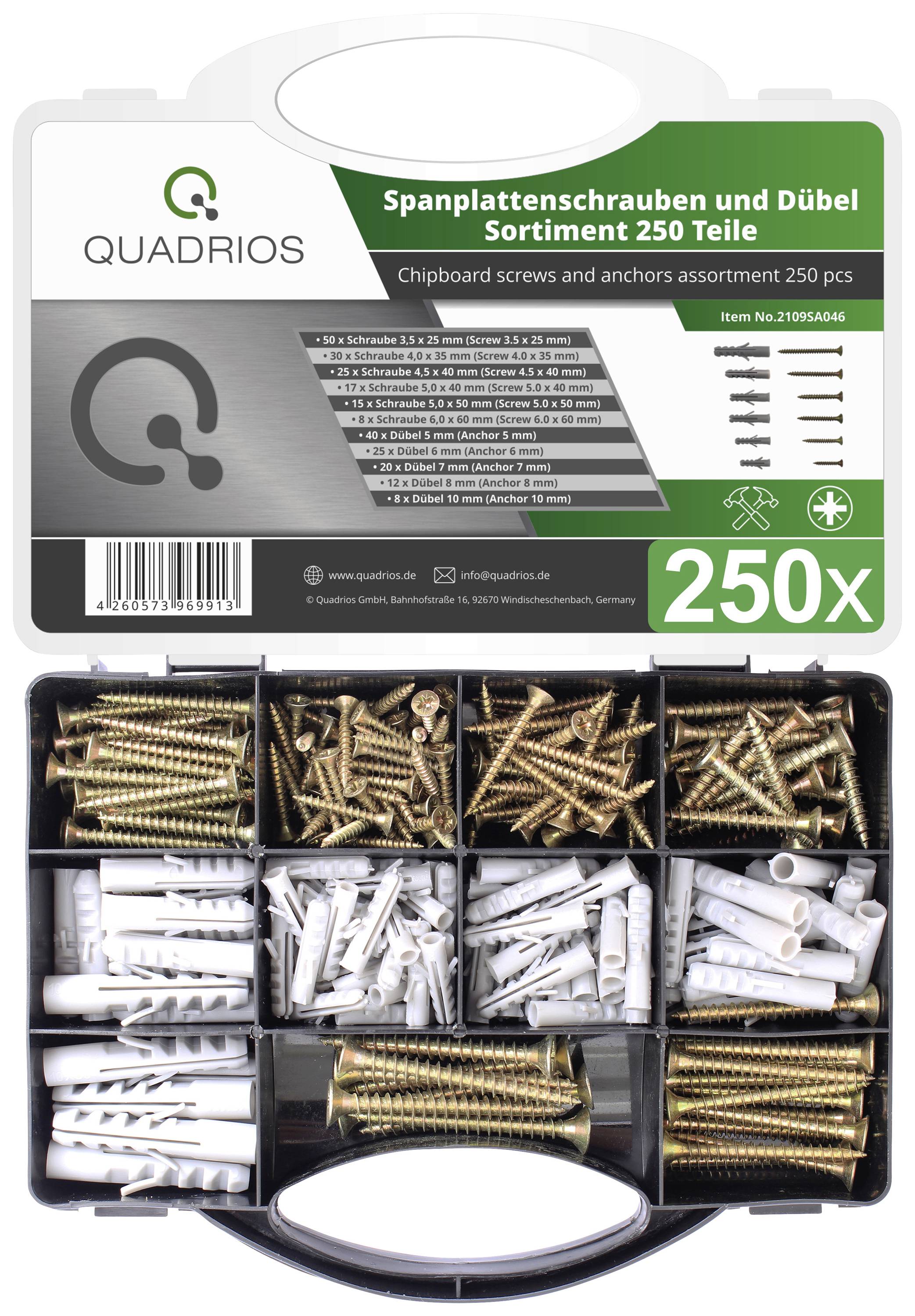 Quadríos spånpladeskruer og rawplugs, 250 dele, sortimentskasse med forskellige skruer og rawplugs, velorganiseret.