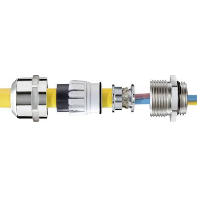 Adskilt kabelstik med gult kabel, metalkomponenter og plastdele. Viser opbygningen af et kabelsammenkoblingsstykke.