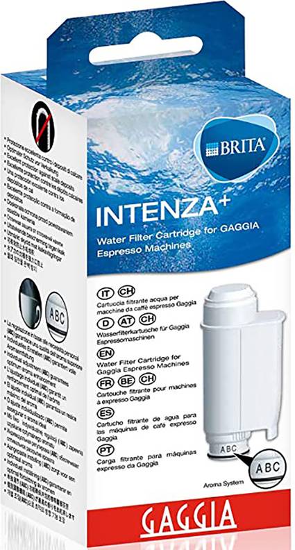 Emballage til vandfilter til GAGGIA espressomaskiner, mærke Brita Intenza+, med billede af filterpatronen og flersprogethed.