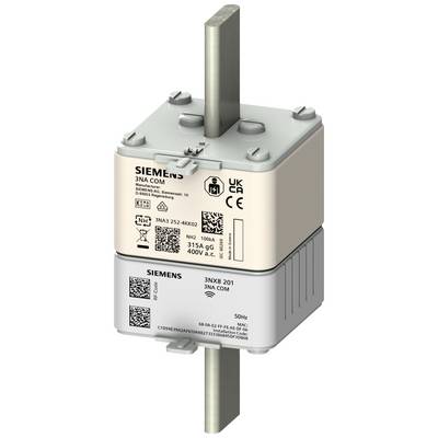 En Siemens-afbryder med tekniske detaljer: '3NA3 250-400', '315A gG', '400V a.c.' To etiketter med QR-koder og symboler.