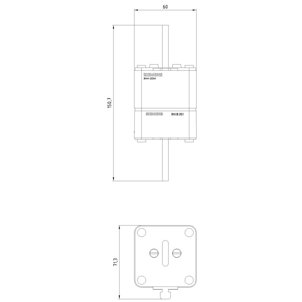 Teknisk tegning af en elektrisk kontakt. Øverst sideprofilen med dimensioner på 50 og 156,7 mm. Nederst frontvisningen med en højde på 71,3 mm.