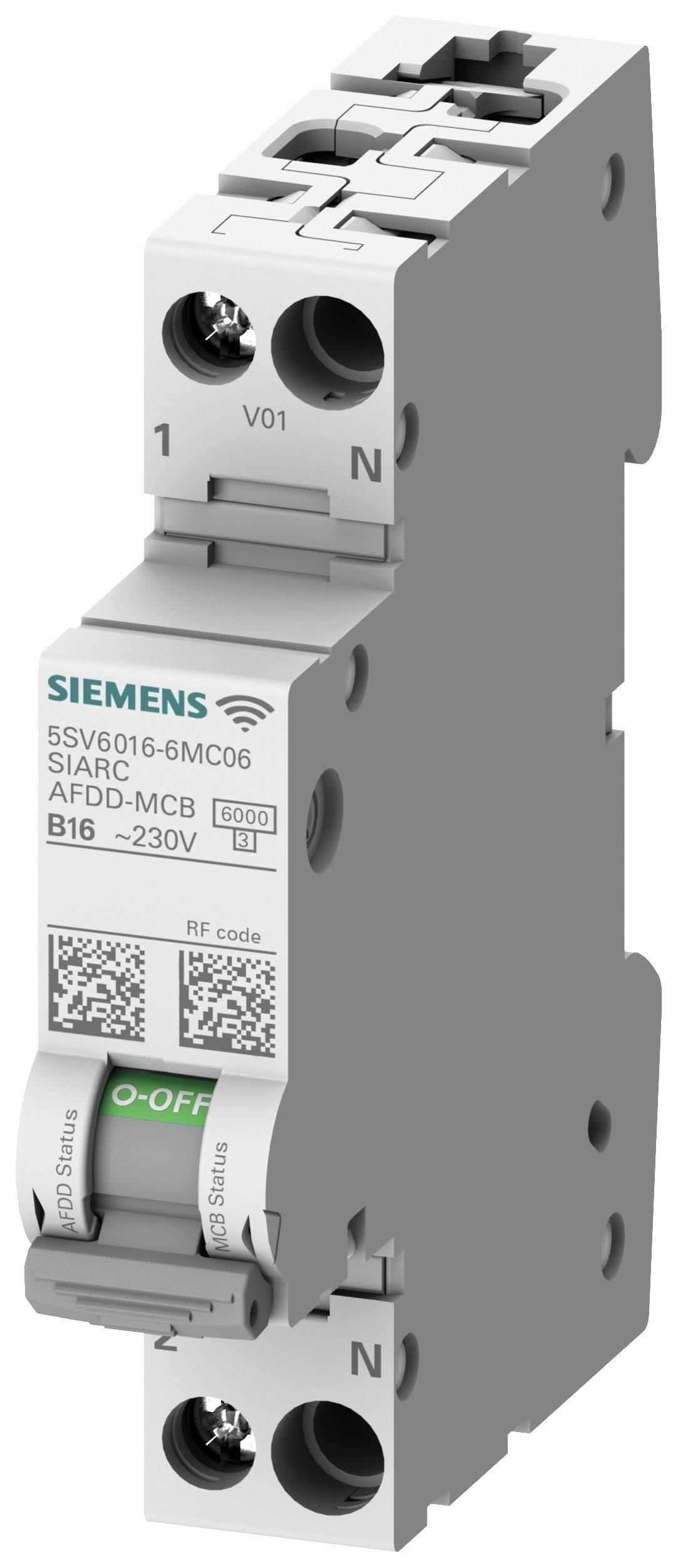 En Siemens fejlstrømsafbryder mærket 'AFDD-MCB', 230V, B16. QR-koder og afbryderposition 'O-OFF' synlig.