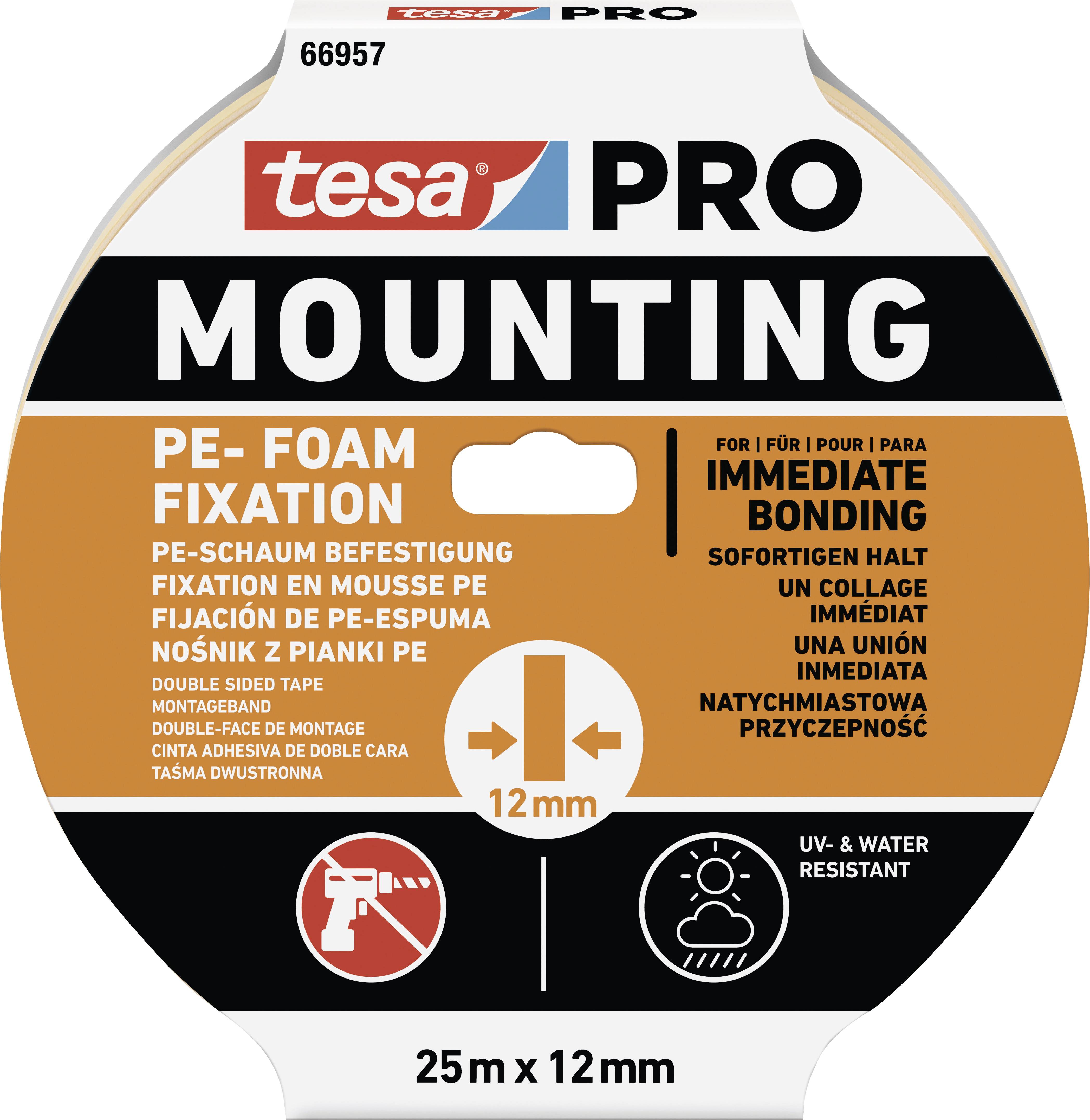 Rund emballage til et dobbeltsidet PE-skumtape fra Tesa Pro. Hovedtekst: 'Montering'. Mål: 25 m x 12 mm. Øjeblikkelig fasthold.