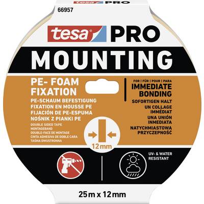 Rund emballage til et dobbeltsidet PE-skumtape fra Tesa Pro. Hovedtekst: 'Montering'. Mål: 25 m x 12 mm. Øjeblikkelig fasthold.