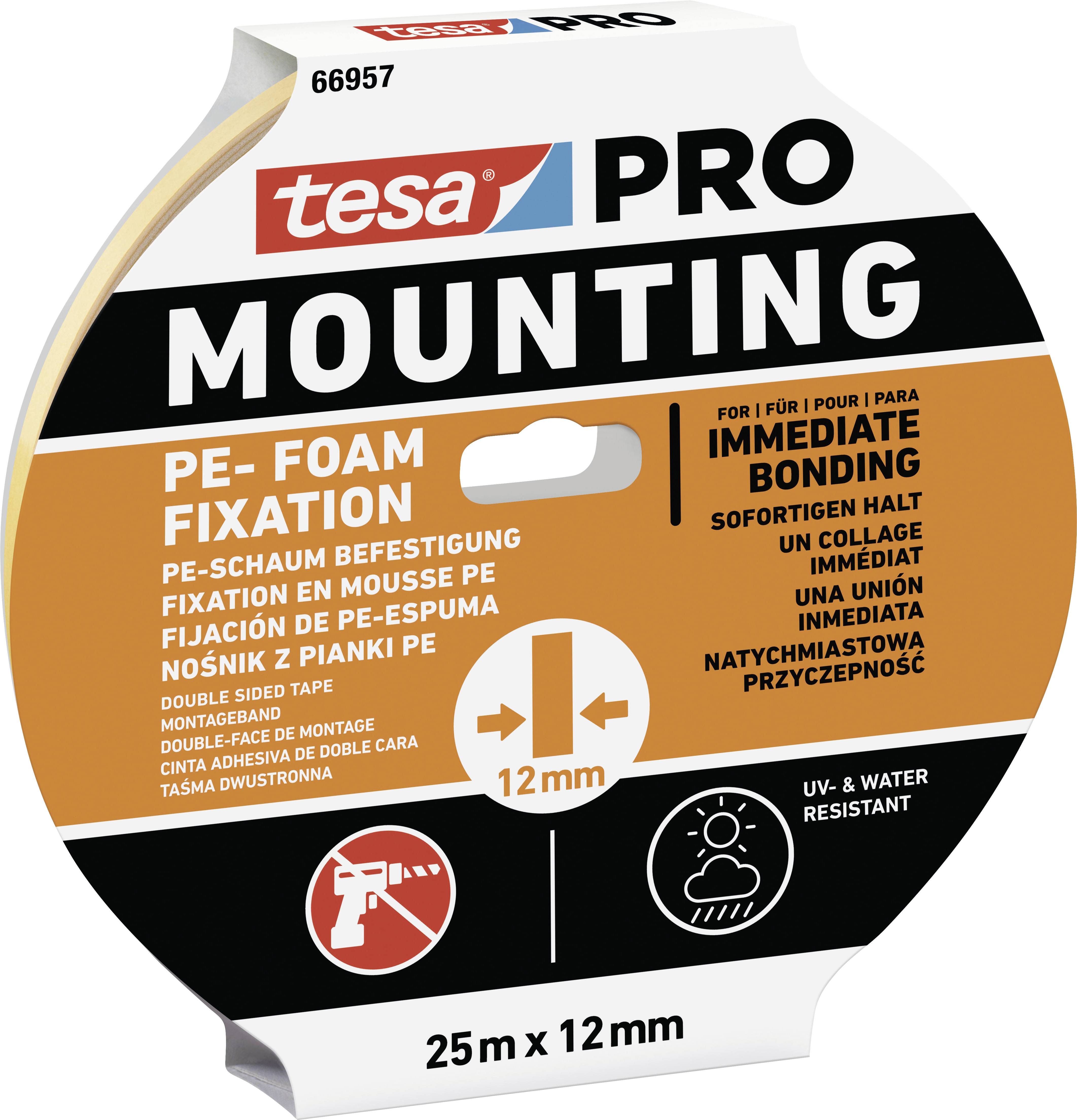 Dobbeltklæbende tape til professionel montering, øjeblikkelig vedhæftning, PE-skumfastgørelse, modstandsdygtig over for UV-stråling og vand, 25m x 12mm.