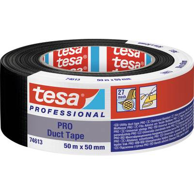 Klæbebåndsrulle 'tesa Professional PRO Duct Tape', 50 m x 50 mm, sort bånd med etiket; alsidigt anvendelig.