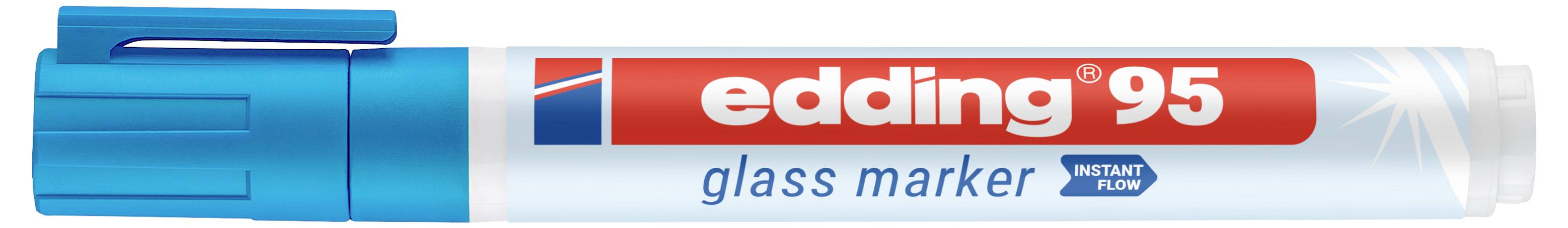 Blå og hvid edding 95 glasmarkeringspenne med rød logo, vist horisontalt med hætte på venstre side og spids på højre side.