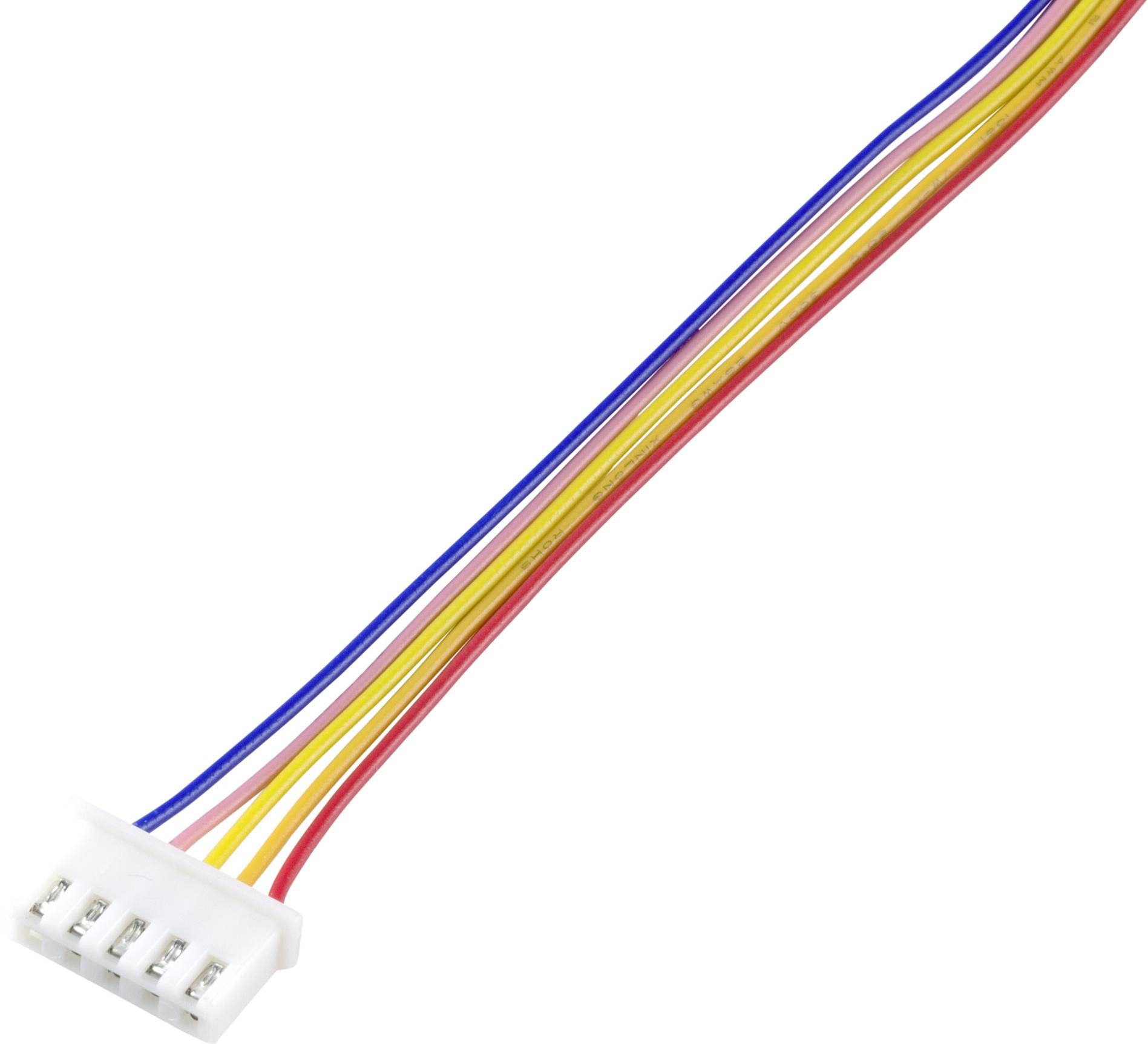 Et firetråddet kabel i gul, rød, blå og sort farve med en hvid, rektangulær stik ienden.