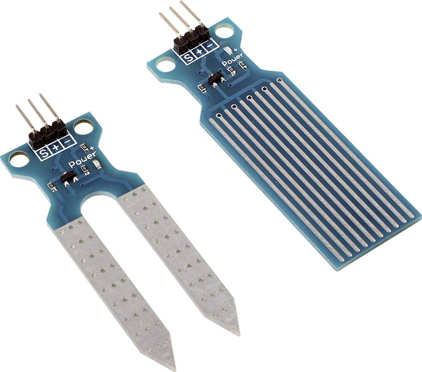 To bodemfugtighedssensorer med metalelektroder til måling af fugtighed i jorden. Den ene sensor har to sonder, den anden har en bredere overflade.