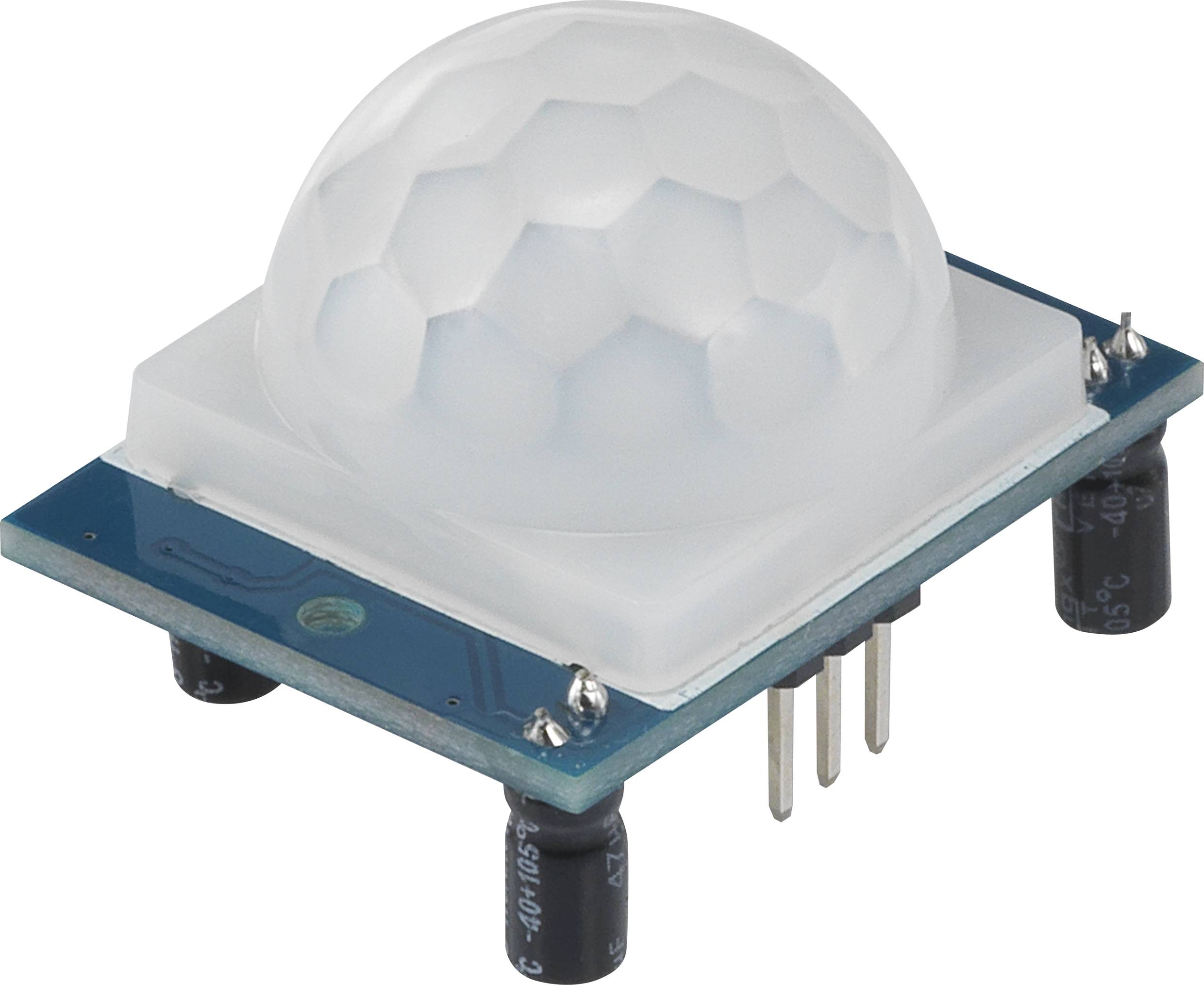 Et PIR-sensor (passiv-infrarød sensor) med en hvid, halvkugleformet kuppel på et blåt printplade med ben nederst.