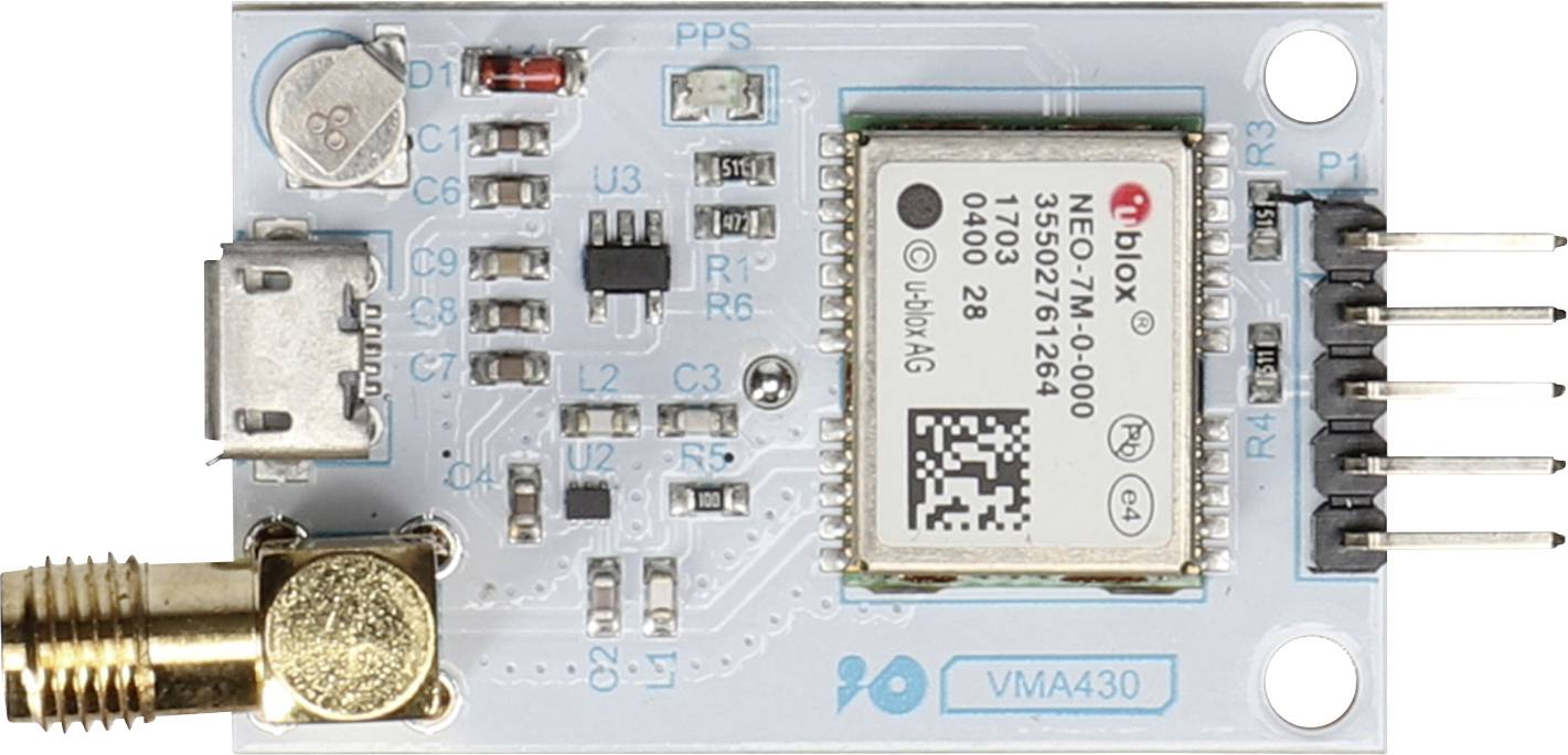 Elektronisk kredsløb med antenneforbindelse og USB-forbindelse, indeholder et GPS-modul i midten, omgivet af elektroniske komponenter.