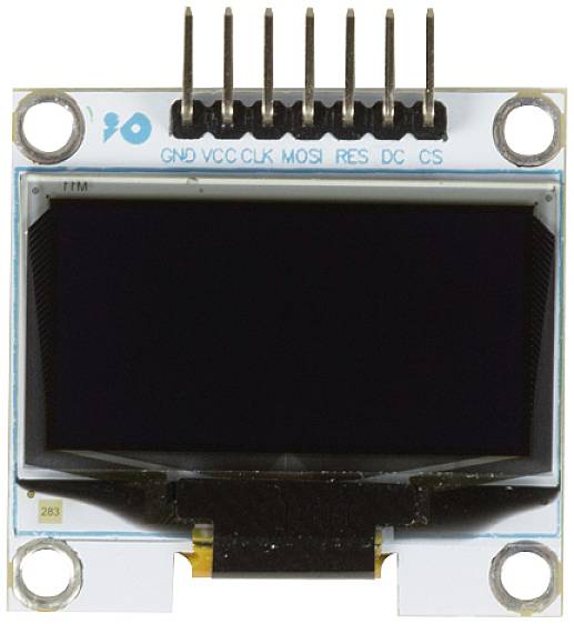 Lille OLED-displaymodul med ben til elektroniske forbindelser, velegnet til projekter med mikrocontrollere.