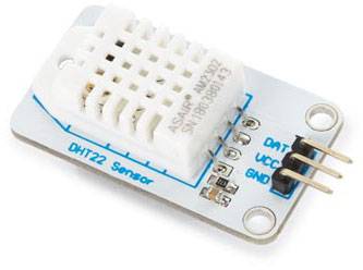 DHT22 Sensor med tre ben til DHT, VCC og GND. Bruges til måling af temperatur og luftfugtighed i elektroniske projekter.