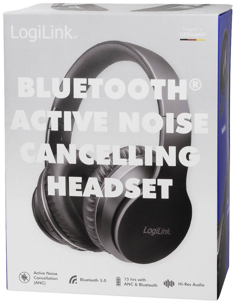 Bluetooth-høretelefoner med aktiv støjreduktion fra LogiLink. Tilbyder Bluetooth 5.0, 15 timers batteritid og Hi-Res Audio.
