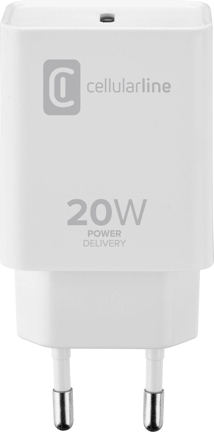 Et hvidt oplader med påskriften 'cellularline', '20W Power Delivery'. Egnet til hurtig opladning af enheder.