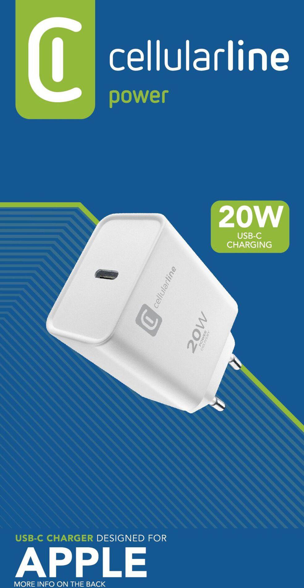 USB-C-oplader fra Cellularline med 20W effekt, specialudviklet til Apple-enheder. Emballage designet i blå og grøn farve.