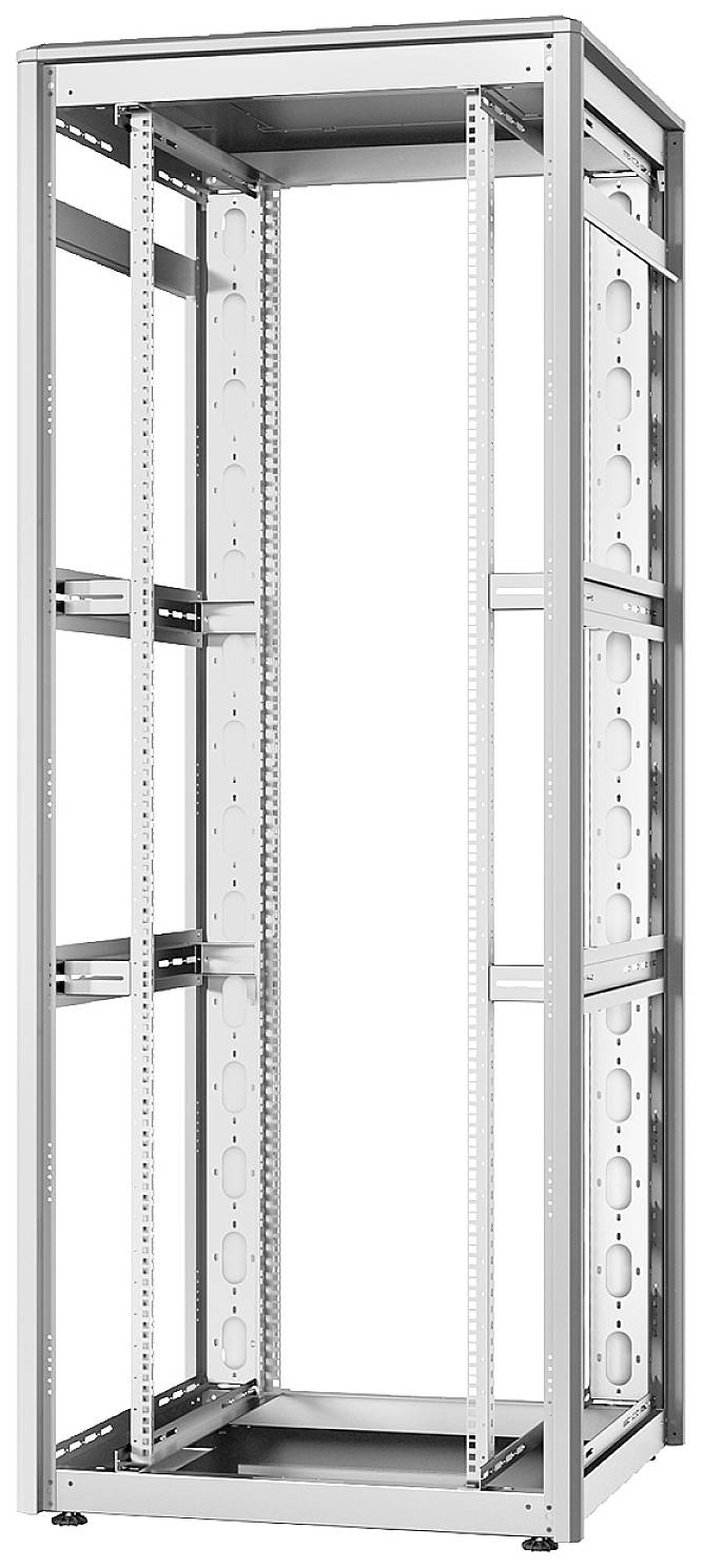 Metallic serverrack, åbent og tomt, til opbevaring af computer- eller netværkshardware i datacentre eller IT-rum.