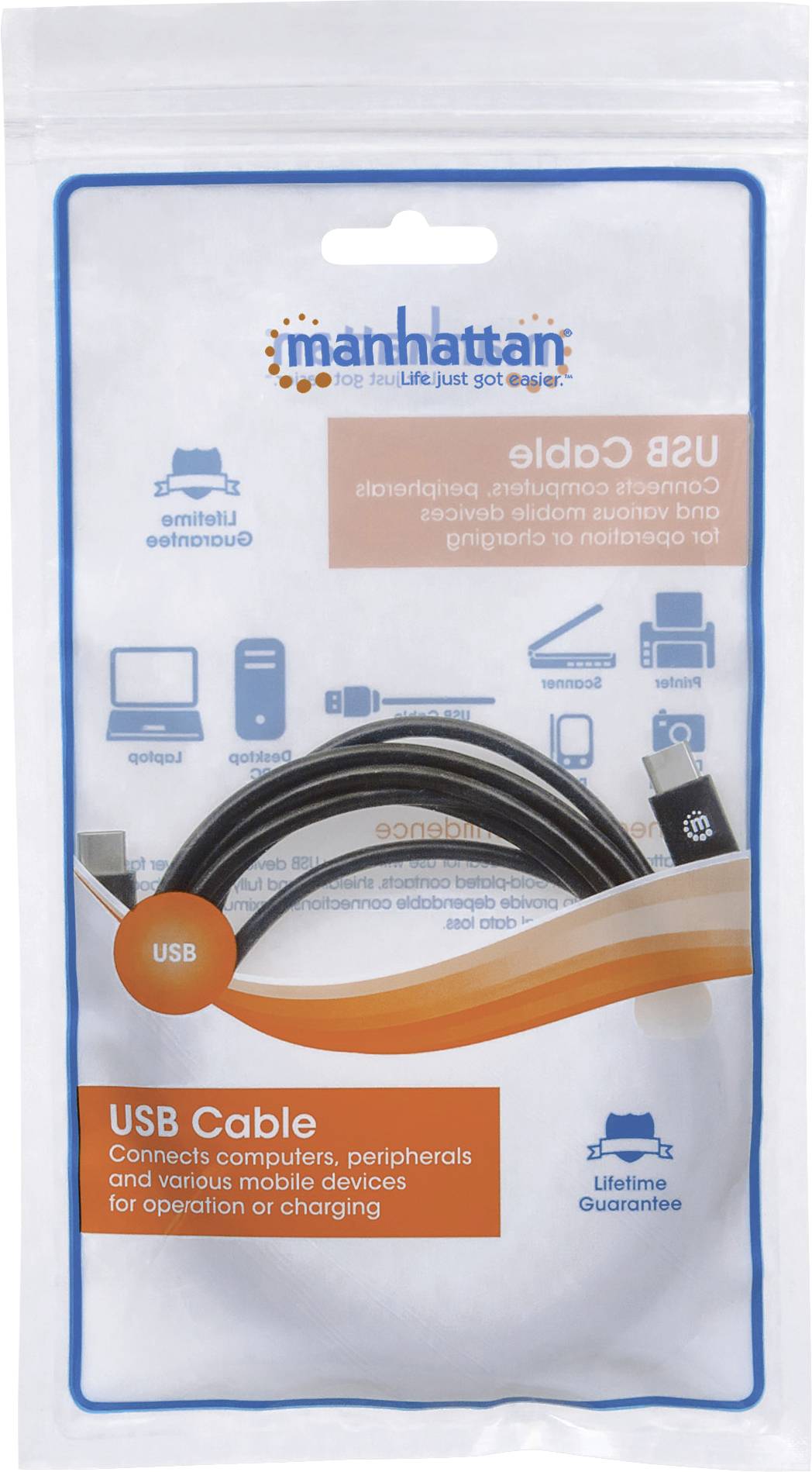 USB-kabel i emballage med 'Livstidsgaranti'. Forbinder computere og enheder til drift eller opladning. Mærke: Manhattan.
