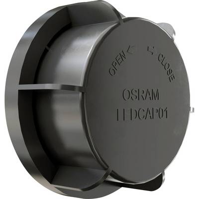 Et rundt, sort låg med påtrykt 'OSRAM LEDCAP01', forsynet med pile og ordene 'OPEN' og 'CLOSE'.