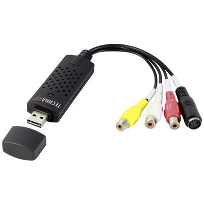 Et USB-videoindfangningsudstyr med fire kabler: to cinch-stik til lyd (rød, hvid) og et til video (gul) samt et S-Video-stik.