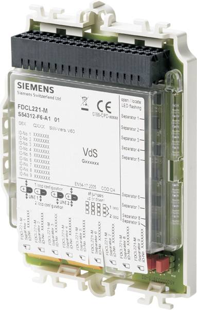 Et Siemens FDC221-M modul med tekniske specifikationer og tilslutninger til branddetektion i bygninger.