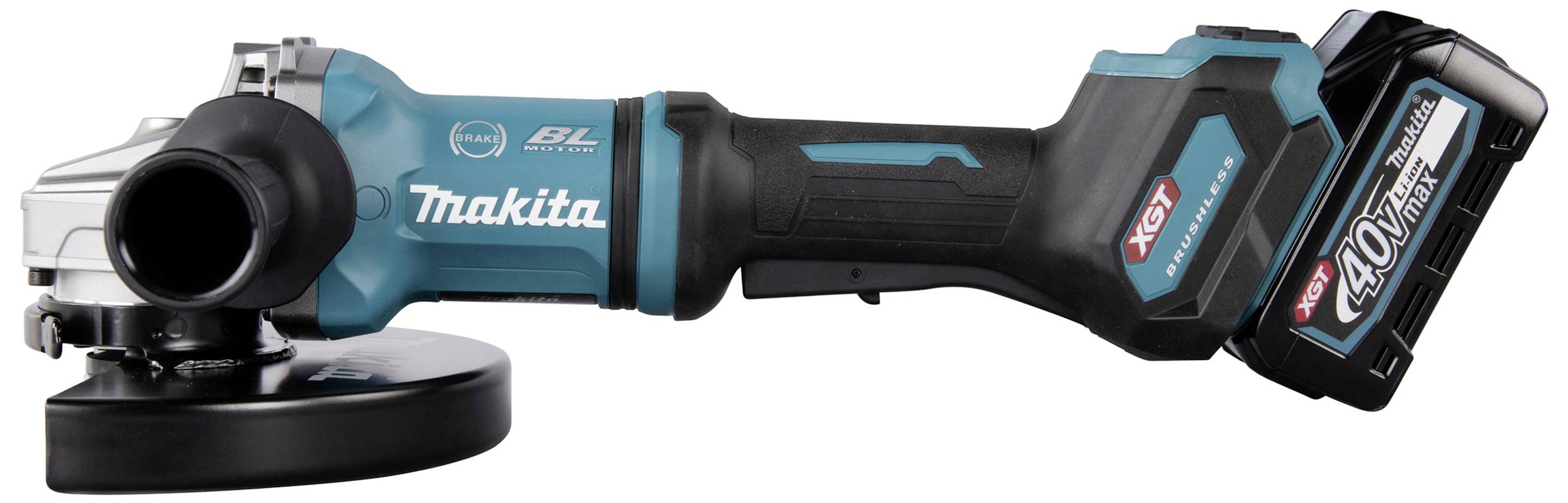Akku-vinkelsliber i blå og sort. Mærke 'Makita', model med 40V batteri. Egnet til slibning og skæring af materialer.