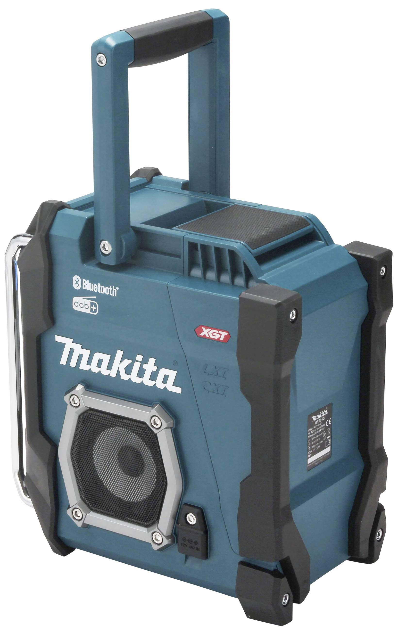 Transportabel, blå-sort radio med Bluetooth-funktion og håndtag, mærke 'Makita'. Velegnet til byggepladser eller robuste omgivelser.