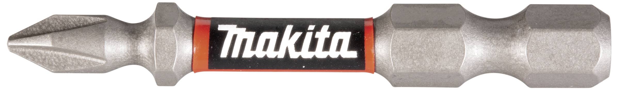 En sølvfarvet skruetrækker-bit med 'Makita' påskrift på en sort baggrund.
