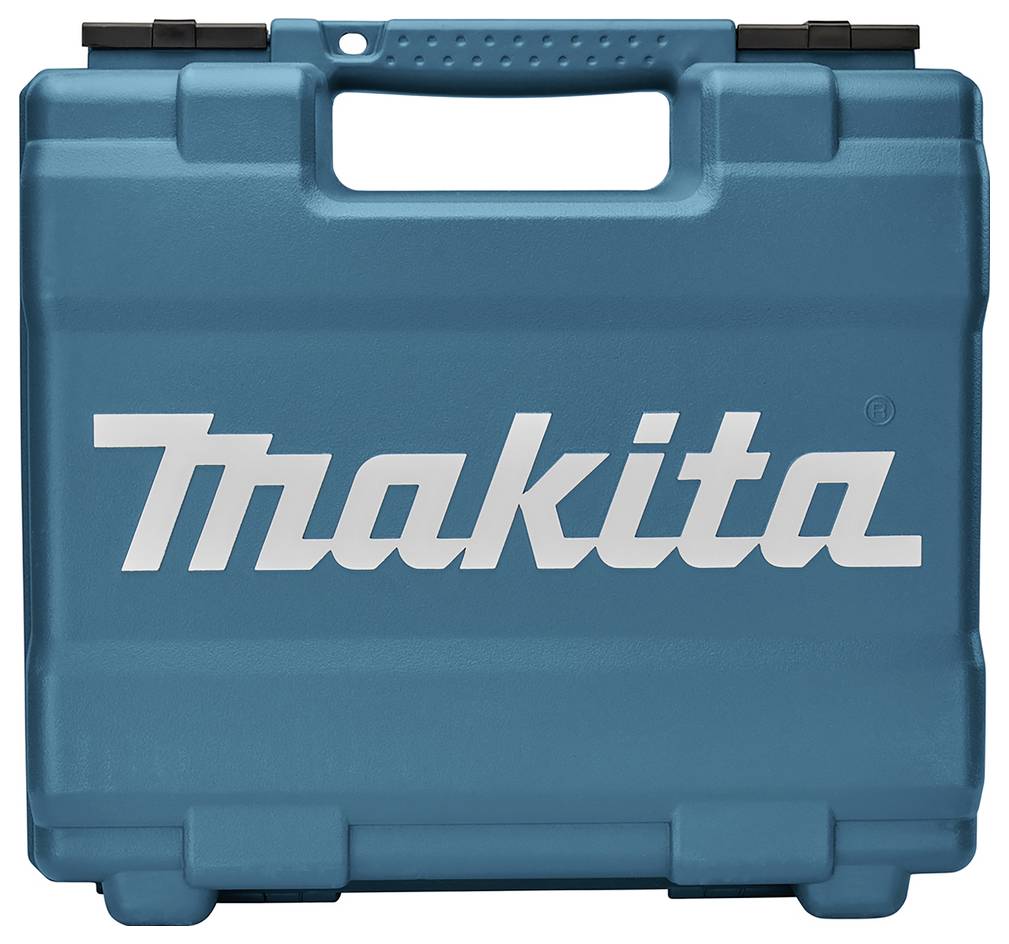 En blågrøn Makita værktøjskasse med et håndtag, hvor 'Makita'-logoet er fremtrædende vist i hvid farve på forsiden.