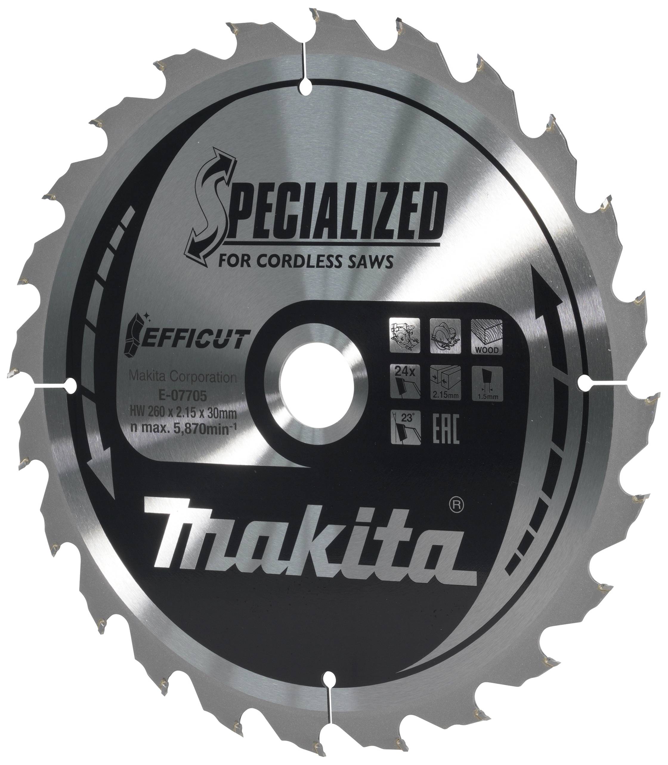 'Savklinge til trådløse save fra Makita, 24 tænder, modelnummer E-07215, diameter 165 mm, tykkelse 1,45 mm, boring 20 mm.'