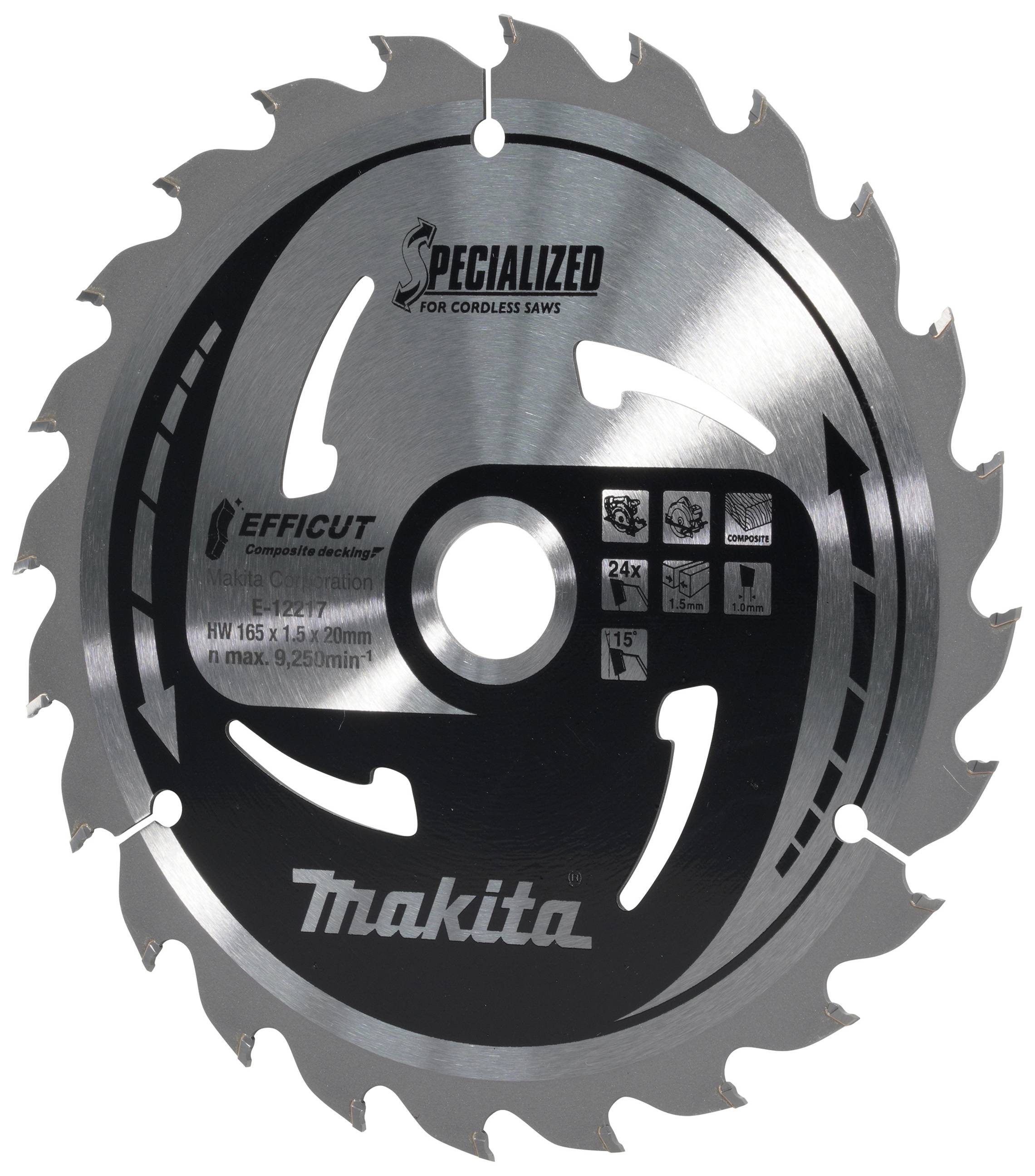 Rundsavsklinge, mærke Makita, model til trådløse save, diameter 165x20mm, egnet til træ.
