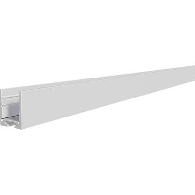 Sidevisning af en lang hvid metalskuffeslide-skinne med et monteringsbracket i den ene ende.