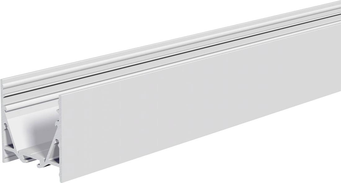 Hvidt metal-lineært LED-lysarmatur med lang flad diffuser og sølvfarvede monteringskanaler, vist på hvid baggrund.