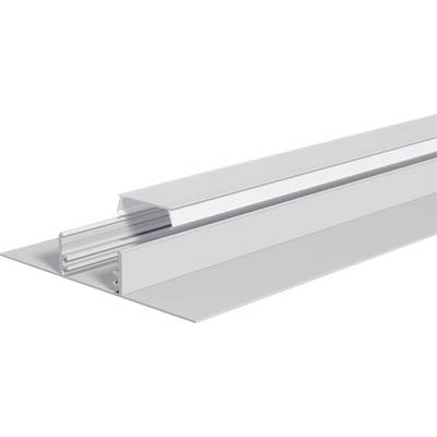 Tætsluttet billede af en sølvfarvet aluminiumslinær belysningskanal med en matglas-diffusor og sidemonteringsflancher.