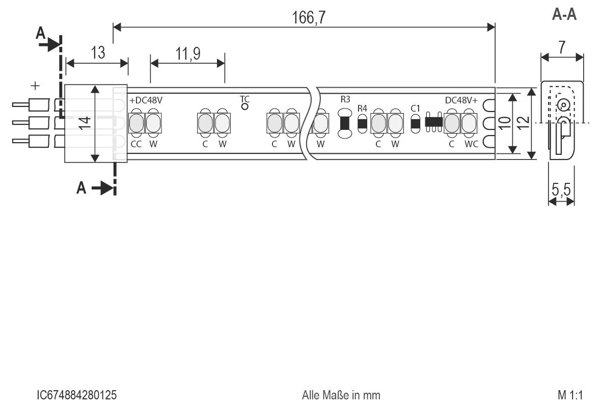 Teknisk dimensionstegning af en cylindrisk LED-lyskomponent, der viser top- og tværsnitsvisninger med målinger i millimeter og etiketter som DC48V+, A-A og A.