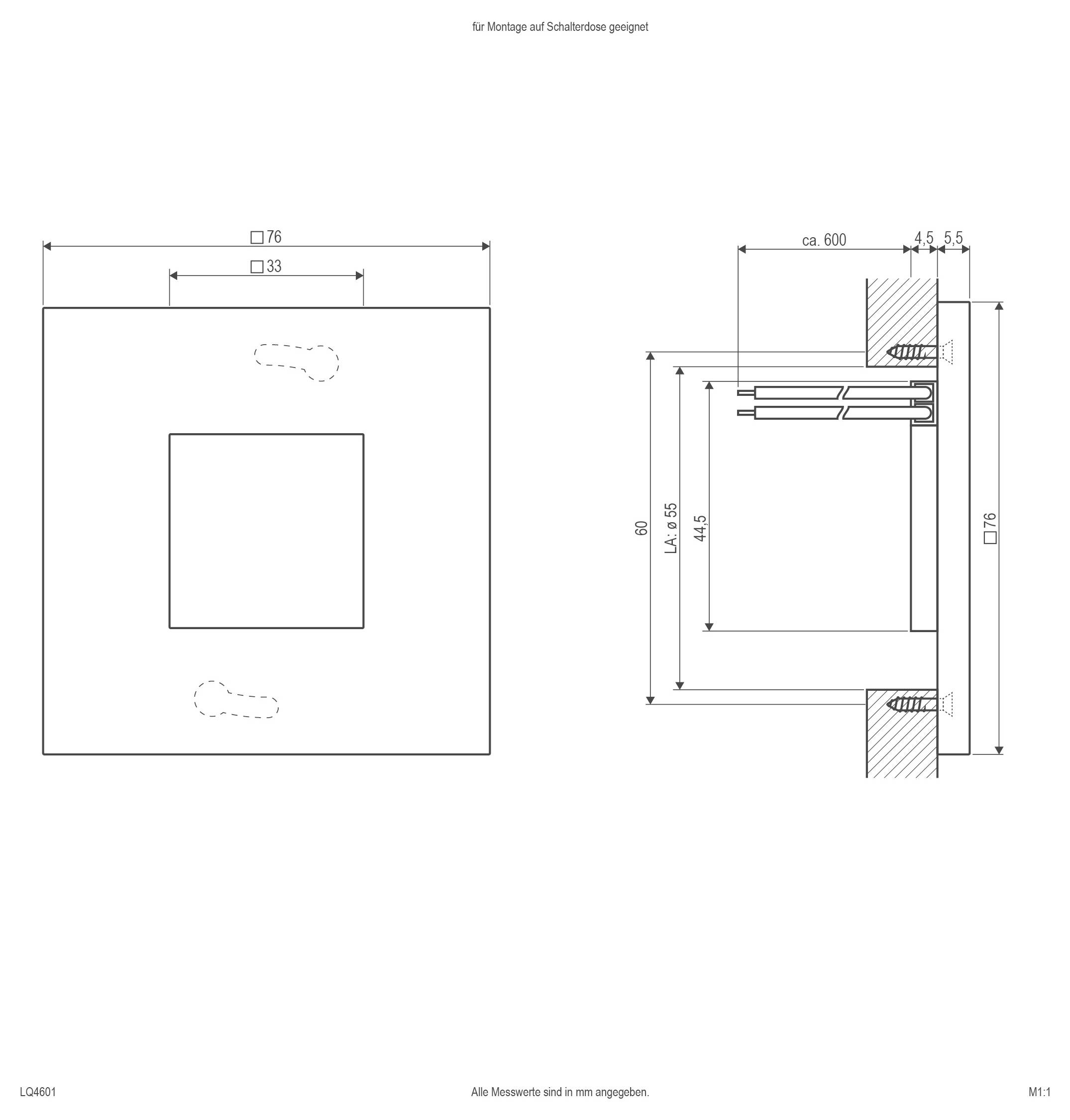 Teknisk installationstegning af et indbygningsmontet kvadratisk panel, der viser for- og sidevisninger med dimensioner og vægmonterings detaljer.
