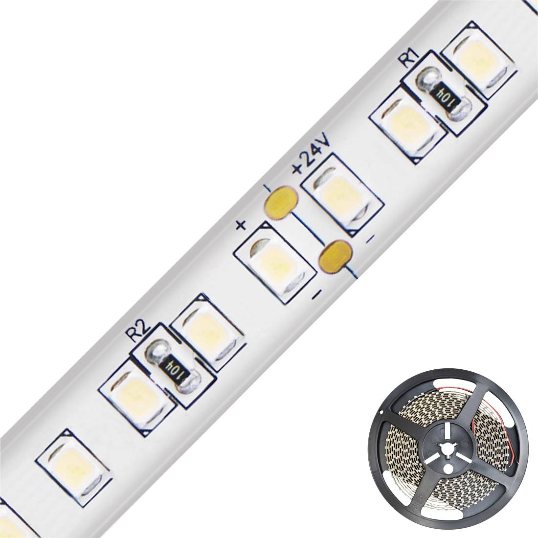 LED-lysstribe med tæt kontaktbillede af kredsløb og selvklæbende bagside, vist diagonalt med en rullet spole af striben i nederste højre hjørne.