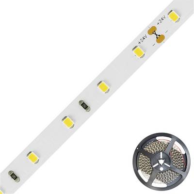 LED-lysstriben med gule dioder på hvid baggrund, nederst til højre en oprullet rulle af strimlen.
